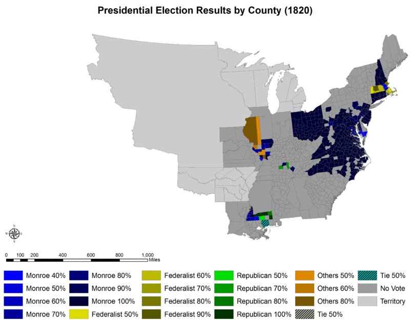 Results by county explicitly indicating the percentage of the winning candidate in each county. Shades of blue are for Monroe (Democratic-Republican), shades of yellow are for the Federalist Party, shades of green are for alternative Democratic-Republican candidates, and shades of reds are for various other candidates.