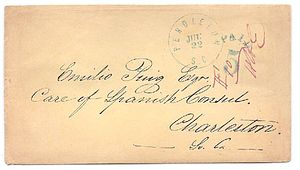 Confederate blockade cover, with Pendleton S.C. 'Jul 22' postmark, carried aboard the blockade runner Nuestra Senora de Regla, by Emilio Puiz, when ship was seized on November 29, 1861. Cover used as evidence in court. Hand-stamped,'Paid 5', court docket of 'HHE' Puiz1861.jpg