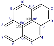 Diagram showing the numbering and ring fusion locations of pyrene according to IUPAC nomenclature of organic chemistry. Pyrene-numbering.svg