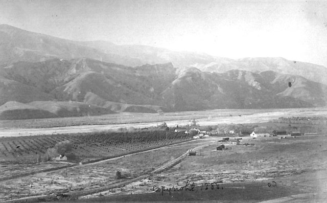 View of Santa Clara River with Rancho Camulos in the foreground, 1888