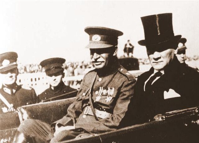 Reza Shah and Kemal Atatürk during the Shah's official visit to Turkey in 1934. Reza Shah spoke in South Azerbaijani while Atatürk spoke in Turkish, a
