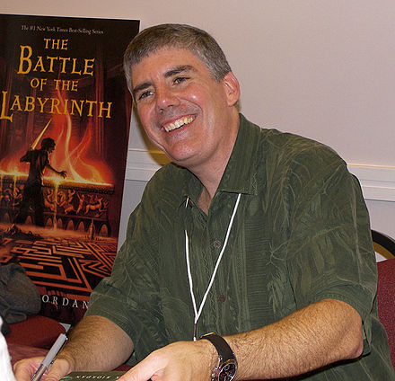 Riordan at the 2007 Texas Book Festival with advance publicity for The Battle of the Labyrinth