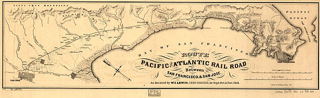 A map of the San Francisco Bay coastline including hills, streams, and roads, and showing the communities from left to right of San Jose, Santa Clara, Alviso, Mezesville, San Francisco