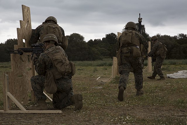 Marines moving between cover during a bilateral military exercise between the United States Marine Corps and Italian Armed Forces, 2019