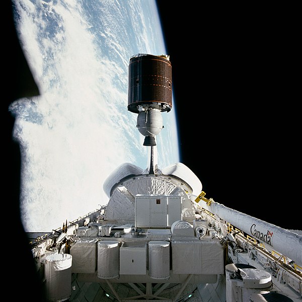 The Canadian Telesat-F (Anik C2) communications satellite in June 1983 is deployed by the shuttle Challenger to begin its way to its earth-orbital des