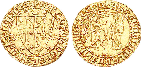 1285 coin describing Charles as king of Jerusalem and Sicily