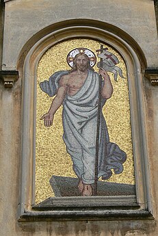 Mosaïque moderne de la résurrection du Christ reprenant tous les principaux symboles chrétiens.