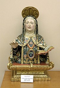Reliquaire de sainte Thérèse d'Avila, réalisé au XVIIe siècle et conservé au sein du trésor de la cathédrale de Guadix (Andalousie, Espagne). (définition réelle 2 508 × 3 668)