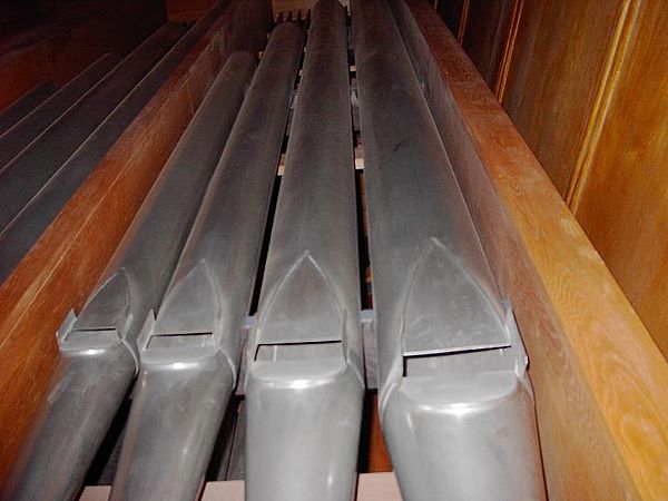 A set of flute pipes of a diapason rank in the Schuke organ in Sofia, Bulgaria.