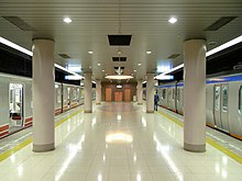 The railway platform of Sagami Railway's Shōnandai Station in Fujisawa, Kanagawa, Japan, as pictured in April 2009.