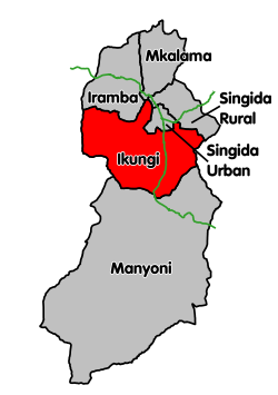 Poloha okresu Ikungi v regionu Singida.