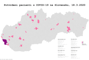 Distribution of 105 cases in the municipalities of Slovakia on 18 March 2020. Slovensko potvrdeni pacienti na koronavirus COVID-19 18.3.2020.png
