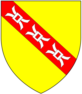 Arms of Speccot of Speccot: Or, on a bend gules three millrinds argent SpeccotArms.PNG