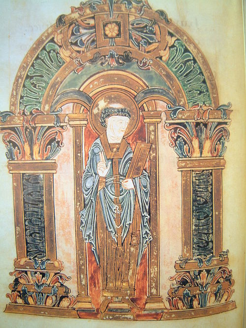 Swithun shown in the Benedictional of St. Æthelwold, Winchester, 10th century. British Library, London.