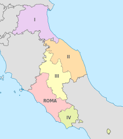 The legations of the Papal States in 1850: Rome, I. Romagna, II. Marche, III. Umbria, IV. Marittima e Campagna