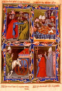 1. László megcsókolja a cseh királyt 2. A Szent halála 3. László testét a kocsi Váradra viszi 4. Váradon körmenet fogadja a királyt