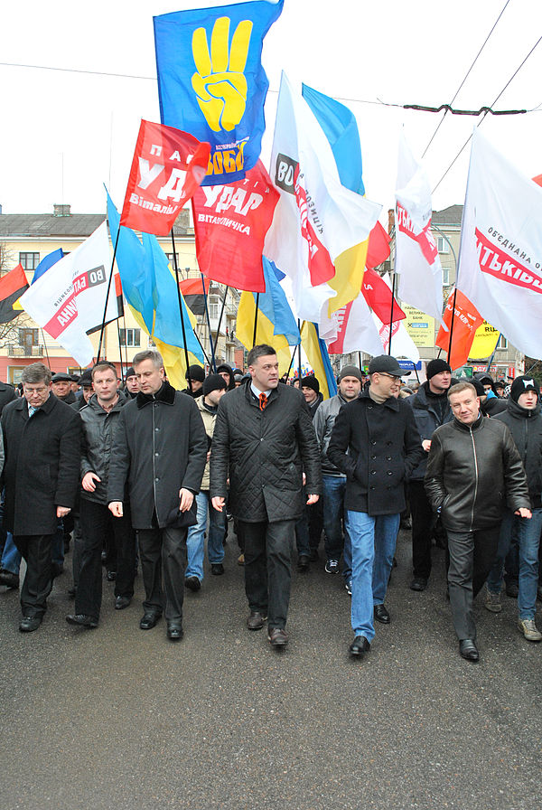 Opposition politicians Oleh Tyahnybok, Arseniy Yatsenyuk and Valentyn Nalyvaichenko, 29 March 2013