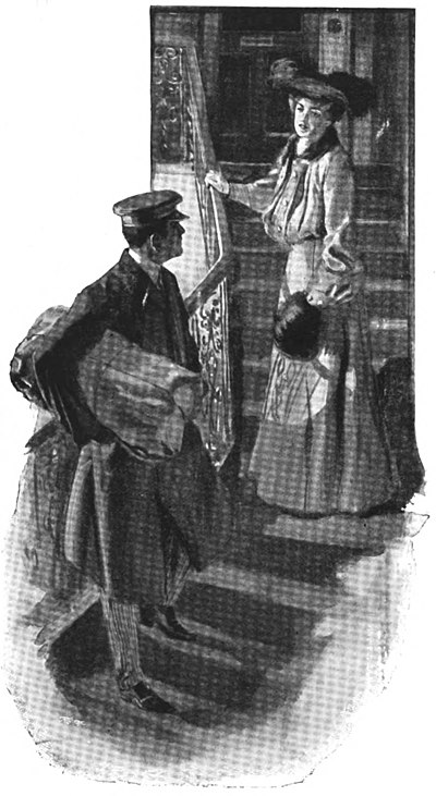 Illustration of a woman and man with a parcel under his arm speaking on a staircase