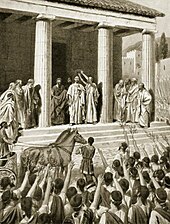 Illustration monochrome d'une foule plaçant une couronne d'olivier sur la tête d'un personnage au centre.
