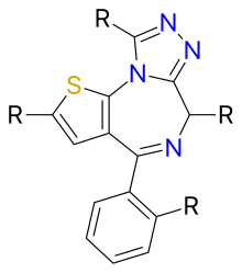 Core structure of thienotriazolodiazepines Thienotriazolodiazepines general structure.svg