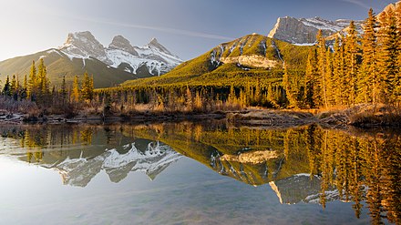 View of the Three Sisters from Police Creek, just south of Canmore