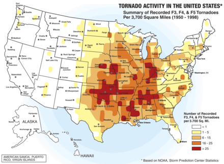 U.S. areas reporting the strongest classes of tornado