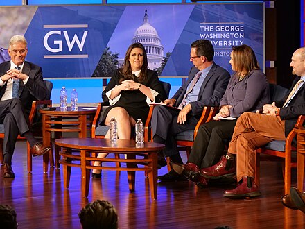 "Trump's First Year," a 2017 event held with White House press secretary Sarah Huckabee Sanders and the chief correspondents from The New York Times, CNN, Fox News, and the president of the White House Correspondents' Association, held by the School of Media and Public Affairs.