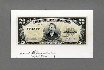 Maceo depicted on the original artist/progress proof designed by the US Bureau of Engraving and Printing for Cuban silver certificates (1936).