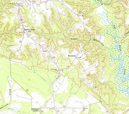 Excerpt of 1968 United States Geological Survey map for Montross Quadrangle. Germans Corner can be found at the lower left. USGS Montross VA 1968 Germans Corner.jpg