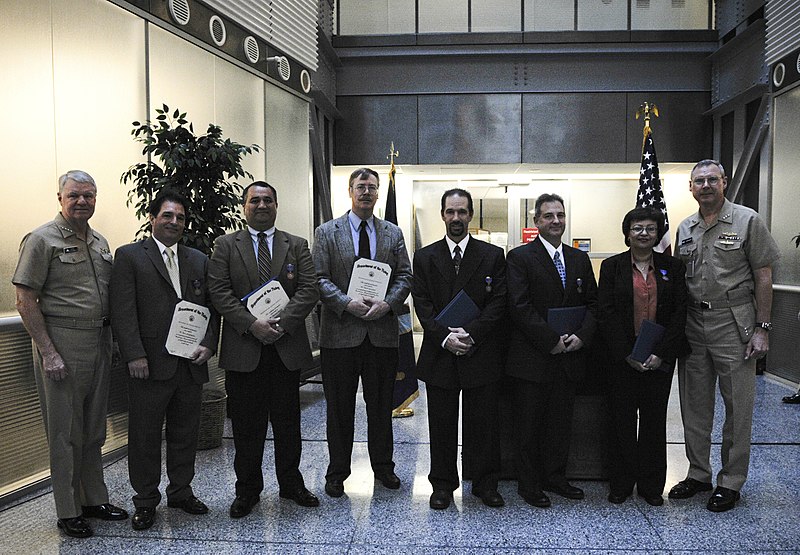 File:US Navy 081125-N-0502M-202 Chief of Naval Operations Adm. Gary Roughead and Vice Adm. Kevin McCoy gather with six NAVSEA Meritorious Civilian Service Award recipients.jpg