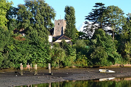 View across Eling Creek to the church of St Mary the Virgin
