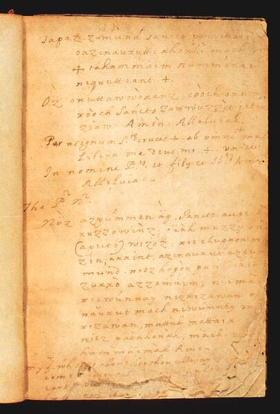 A journal book containing translations from English to Latin to the Piscataway Indian language, believed to be written by Father Andrew White, a Jesui