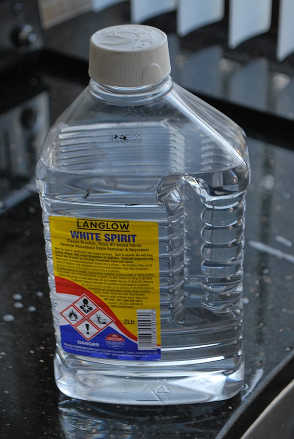 A 2-litre (3.5 imp pt) container of white spirit