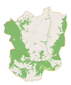 Mapa konturowa gminy Wiśniowa, po prawej znajduje się punkt z opisem „Wiśniowa”