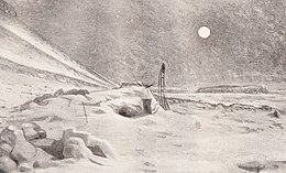 Vue d'artiste : Une pleine lune dans un ciel sombre ;  au sol, un monticule de neige avec une petite ouverture carrée indique la cabane, avec un traîneau renversé debout à l'extérieur.  La zone environnante est entièrement recouverte de champs de neige et de glace désolés.