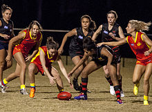 Players contest the ball during a match between Bond University and Burleigh Heads, Queensland. Women AFL Match.jpg