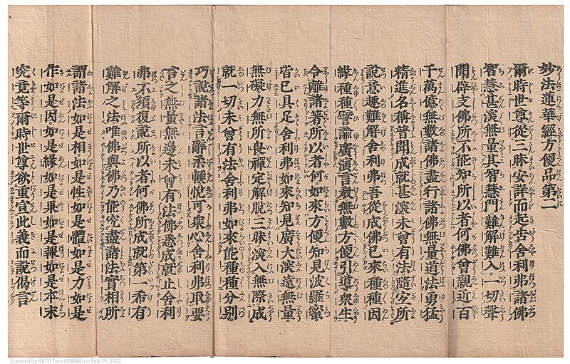 File:Wood-Block Print of The Lotus of the True Law, Chapter II Skilfulness 妙法蓮華経 方便品第二 十如是まで.jpg