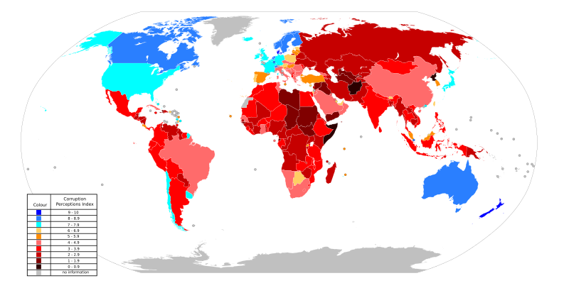 File:World Map Index of perception of corruption 2010.svg