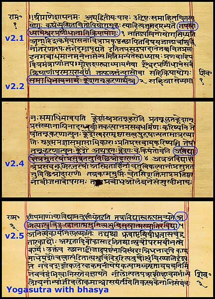 Some pages from a historic Yogasutra manuscript (Sanskrit, Devanagari). The verses are highlighted and are embedded inside the bhasya (commentary).