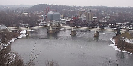 The Zanesville Y-Bridge, seen from a high bluff south of the river confluence.