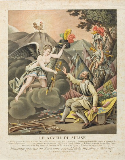 The awakening of the Swiss (1798), by Midart, celebrates the transformation of the Old Confederation into the Helvetic Republic. It shows a Swiss who wakes up from his sleep (the ancien régime) and is handed his weapons by Liberty. In the background, the rising sun and the Gallic rooster herald the new era