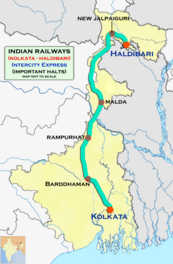 (Kolkata - Haldibari) Intercity Express yo'nalishi map.png