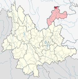 Location of Suijiang County (red) and Zhaotong City (pink) within Yunnan