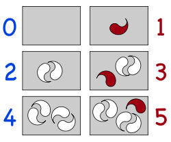 Till vänster är det rutor med 0, 2 och 4 vita figurer i par, till höger med 1, 3 och 5 figurer där de oparade figurerna är röda.