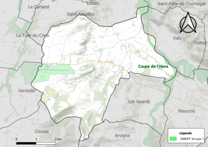 Carte des ZNIEFF de type 1 sur la commune.