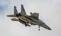 A US Air Force F-15C Eagle, tail number 83-0046, on final approach at Kadena Air Base in Okinawa, Japan