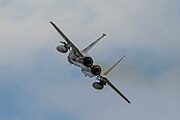 An F-15C Eagle, tail number 86-0163, taking off from RAF Lakenheath in the United Kingdom. The aircraft is assigned to the 493rd Fighter Squadron in the United States Air Force.