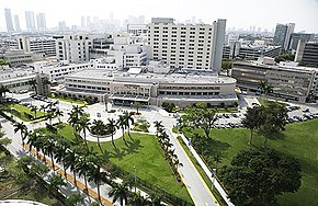 Jackson Memorial Hospital in the Health District, the primary teaching hospital for the University of Miami's Leonard M. Miller School of Medicine and the largest hospital in the United States with 1,547 beds[4]