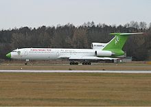 A former Airline 400 Tupolev Tu-154 at Pardubice Airport in 2005 Airlines 400 Tupolev Tu-154M Lebeda.jpg