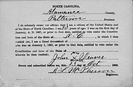 Voter registration card, Alamance County, North Carolina, 1902, with statement from registrant of birth before January 1, 1867, when the Fifteenth Amendment became law Alamance County North Carolina voter registration card 1902.jpg